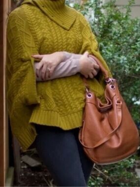Olive Cable-Knit Turtleneck Poncho Sweater